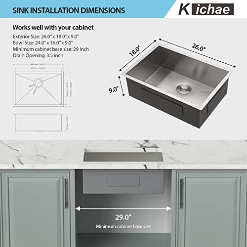 Kichae 12“ Deep Laundry Sink Undermount - 24 Inch Black Undermount Utility Sink Stainless Steel Single Bowl Under Counter Handmade Laundry Utility Room Basin