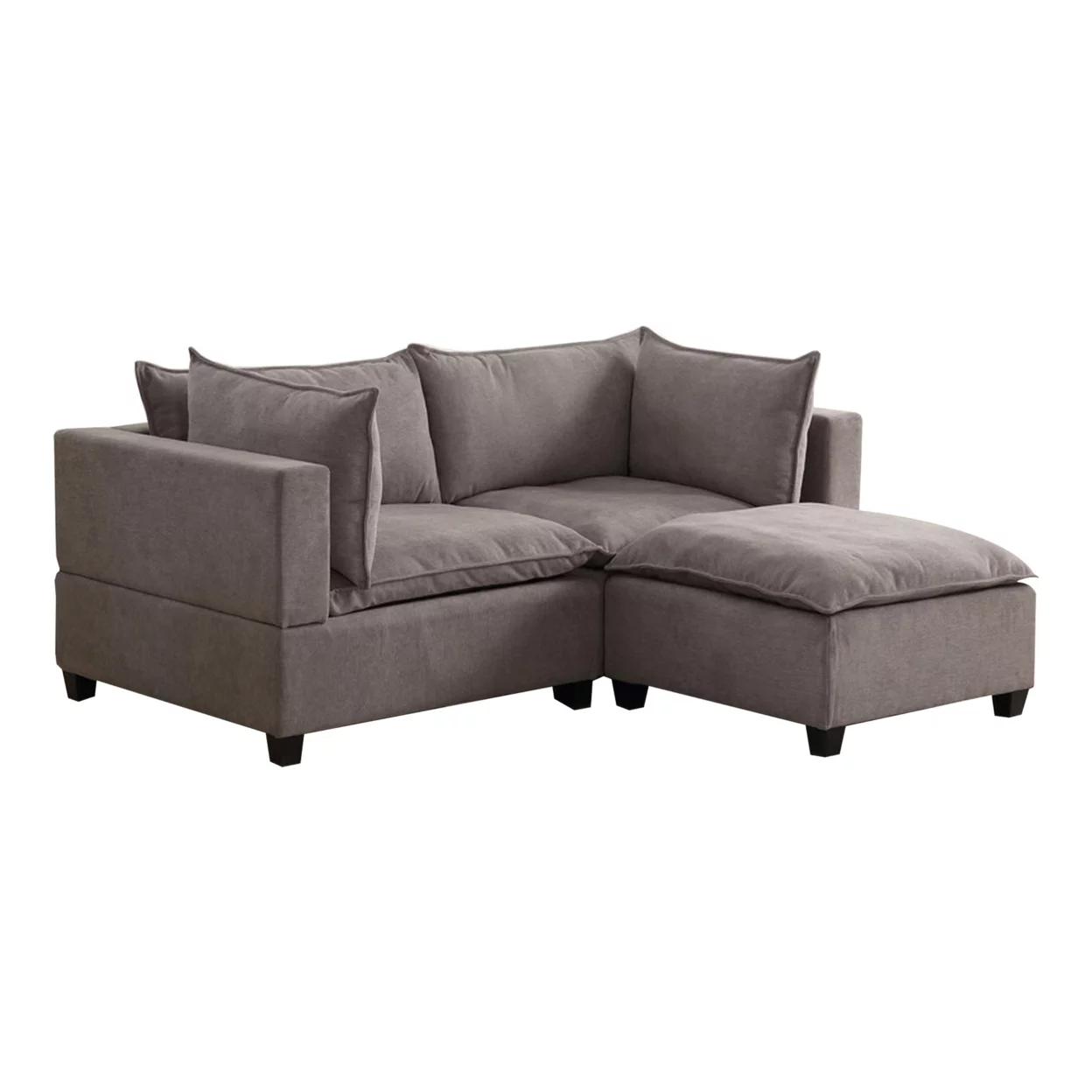 Amato 84 Inch Modern Sectional Arm Loveseat and Ottoman Set, Gray Fabric- Saltoro Sherpi
