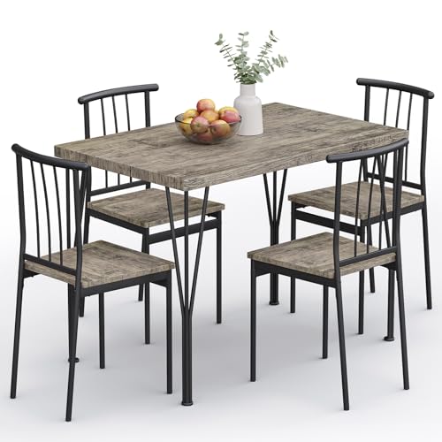 5-Piece Dining Table Set - Space-Saving Kitchen Table with 4 Chairs, Easy Assembly Modern Wood and Metal Furniture for Apartments, Dining Room, Breakfast Nook, Bedroom, Easy Clean