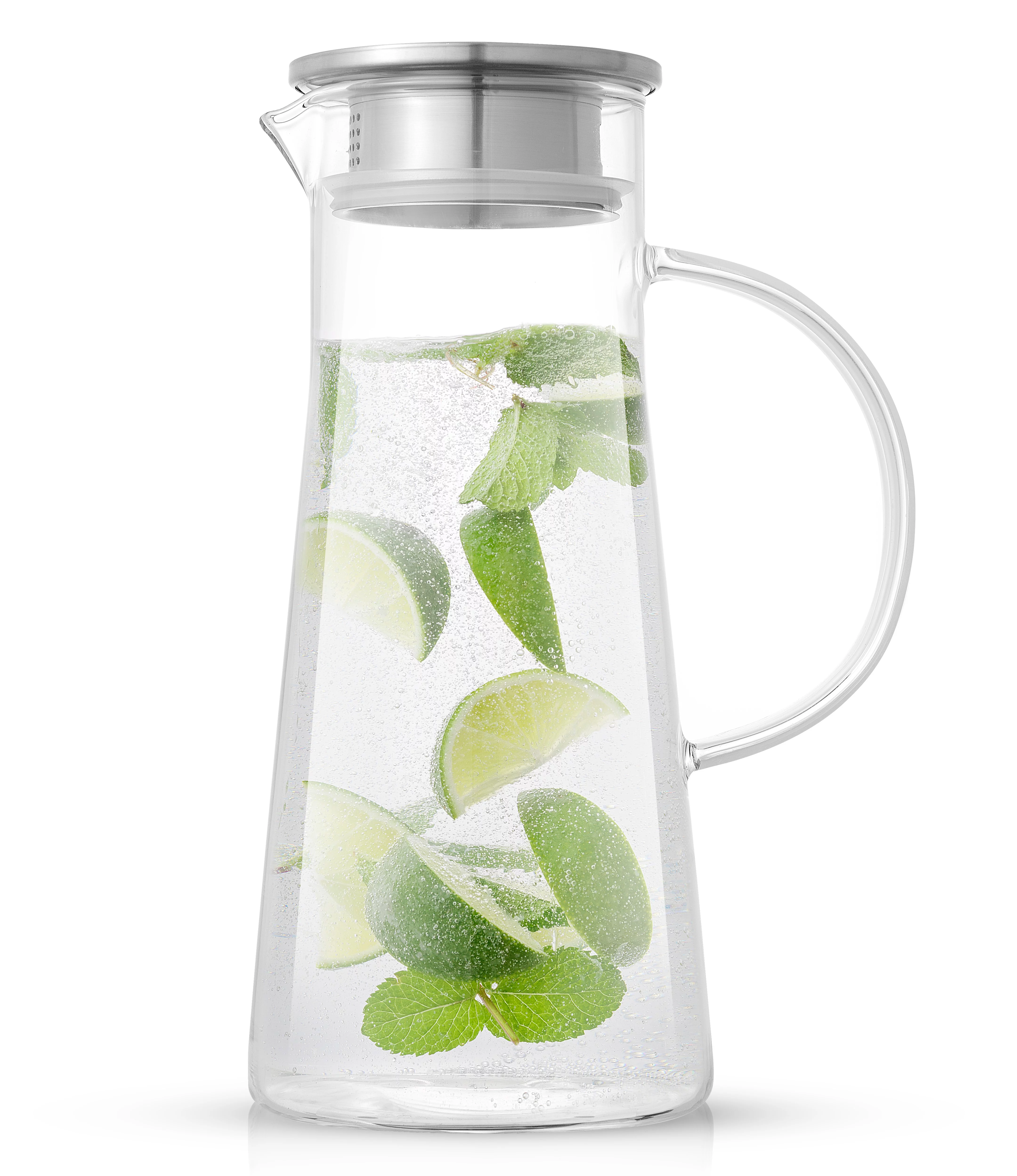 JoyJolt Breeze Glass Pitcher with Stainless Steel Lid and Spout, with Handle, for Water, Juice, Tea, Milk