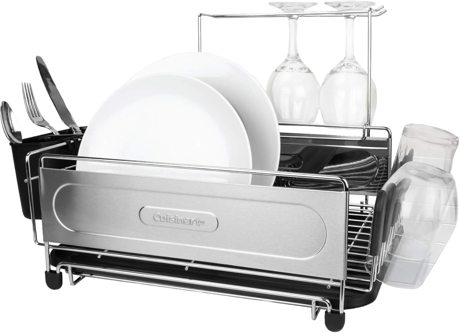 Cuisinart Stainless Steel Dish Drying Rack – includes Wire Dish Drying Rack, Utensil Caddy, Draining Board, Stemware Holder, and Non-Slip Cup Holders, 14.4” x 12” x 6”- Stainless Steel/Black