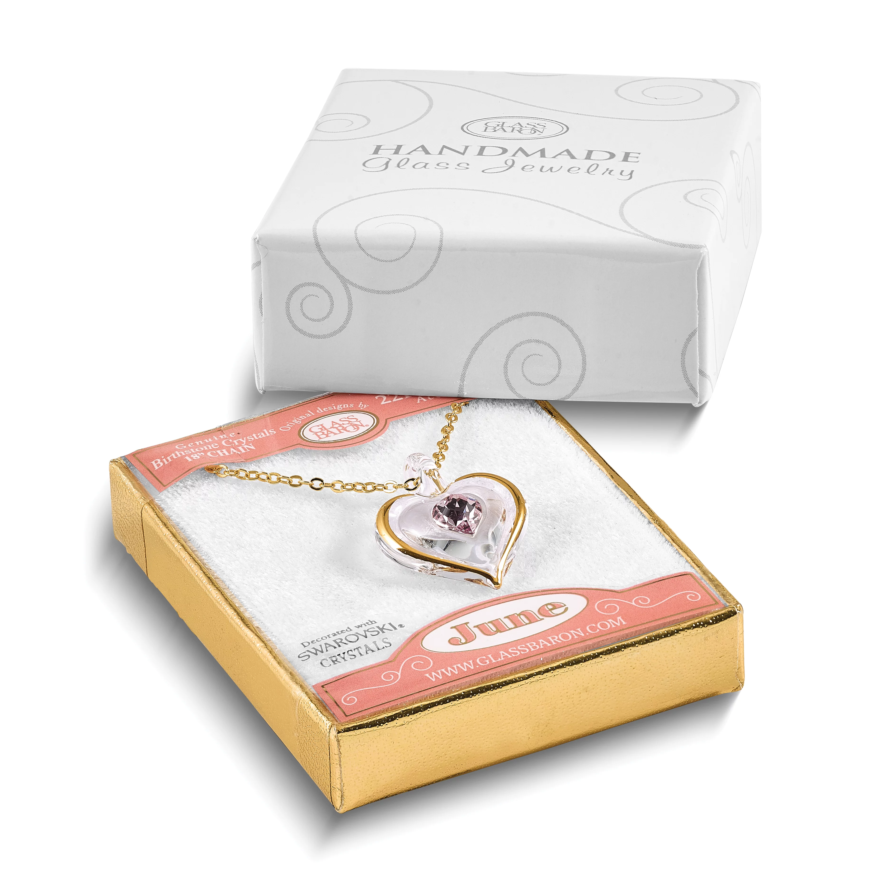 Glass Baron 22K Accent Gilding Gold-trim Glass with Light Purple June Birthstone Crystal from Swarovski Heart 18 inch Gold-tone Necklace GM9405