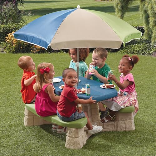 Step2 Naturally Playful Kids Picnic Table with Removable Umbrella, Indoor/Outdoor Toys, Fits 6 Children, Made of Durable Plastic, For Toddlers 3+ Years Old, Blue & Green
