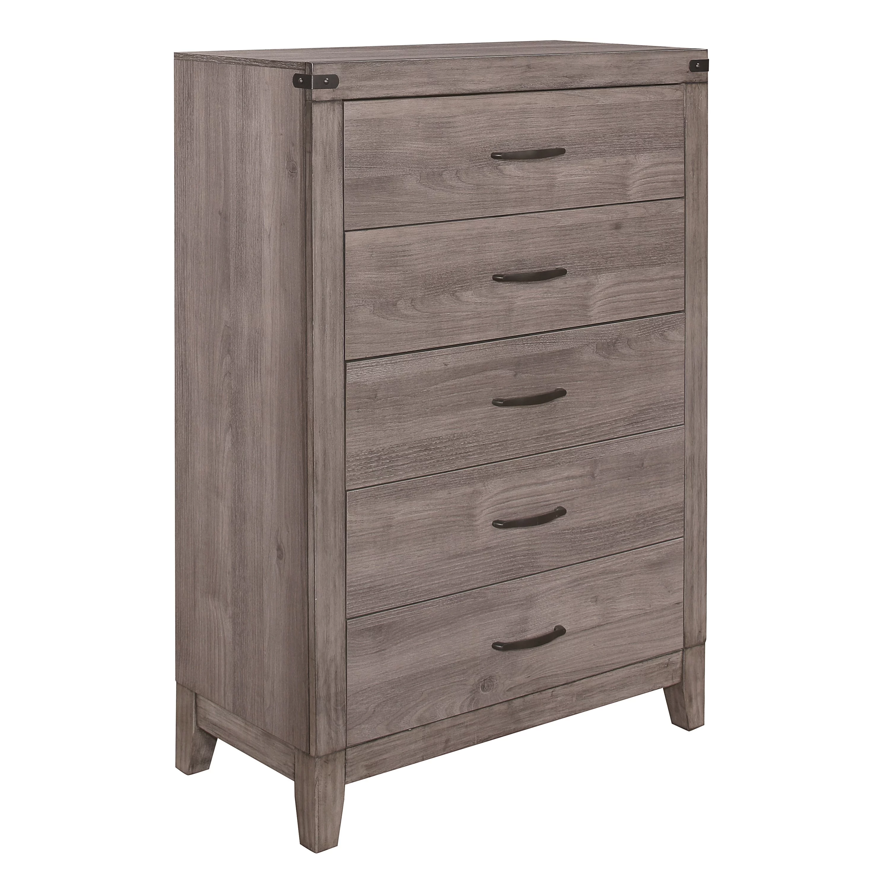 ikayaa Brownish Gray Finish 1pc Bedroom Chest of 5 Drawers Melamine Laminate Dark Metal Hardware Corner Rivets