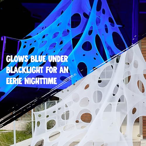 JOYIN 1000sqft Halloween Spider Web Decoration Outdoor, Glow-in-The-Dark Giant Spiderweb, DIY Stretchy Flexible Beef Netting in White (Blue at Night) for Neon Decor Indoor Party Haunted House Prop
