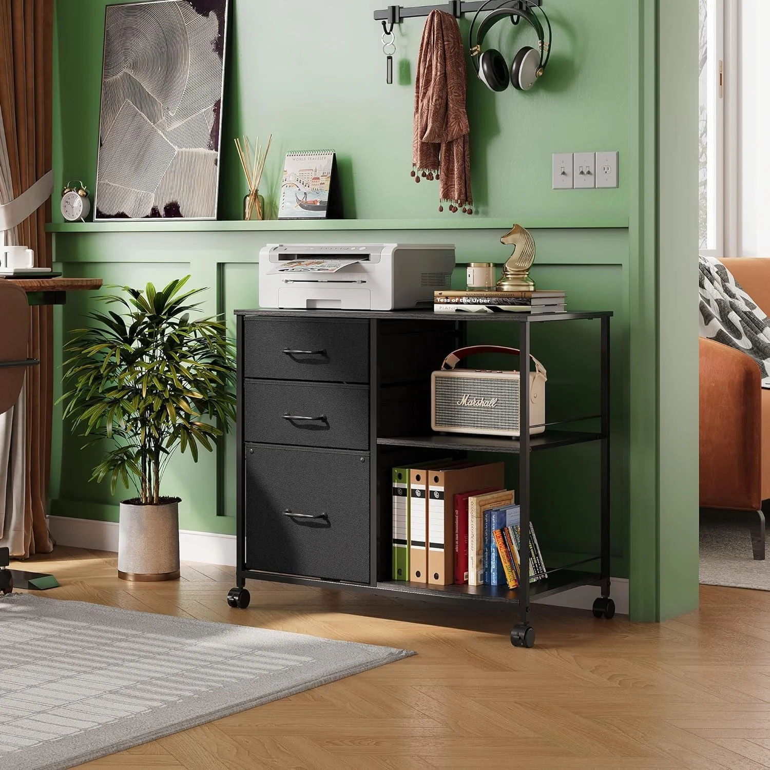 LIHONG 3 Drawer Mobile File Cabinet, Rolling Printer Stand with Open Storage Shelf, Fabric Lateral Filing Cabinet fits A4 or Letter Size for Home Office, Black