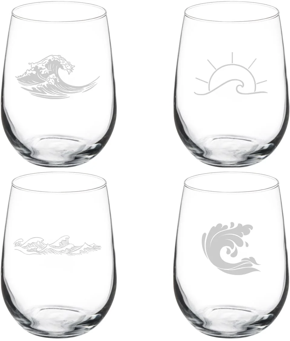 Set of 4 Wine Glass Gift Wave Ocean Lake River Collection (17 oz Stemless)