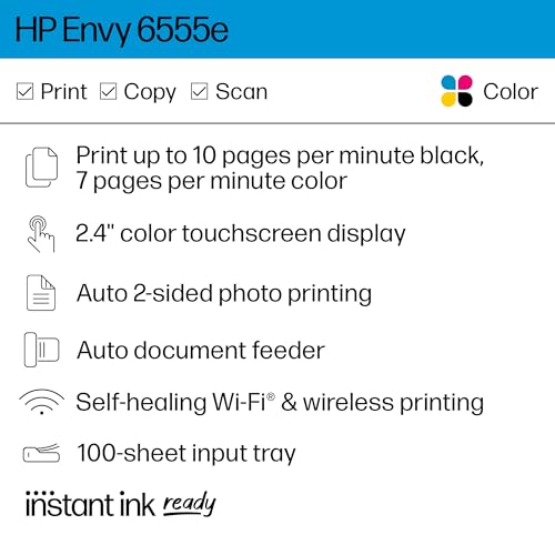 HP Envy 6555e Wireless All-in-One Color Inkjet Printer, Print, scan, Copy, Duplex Printing Best-for-Home, 3 month Instant Ink trial included (714N5A)