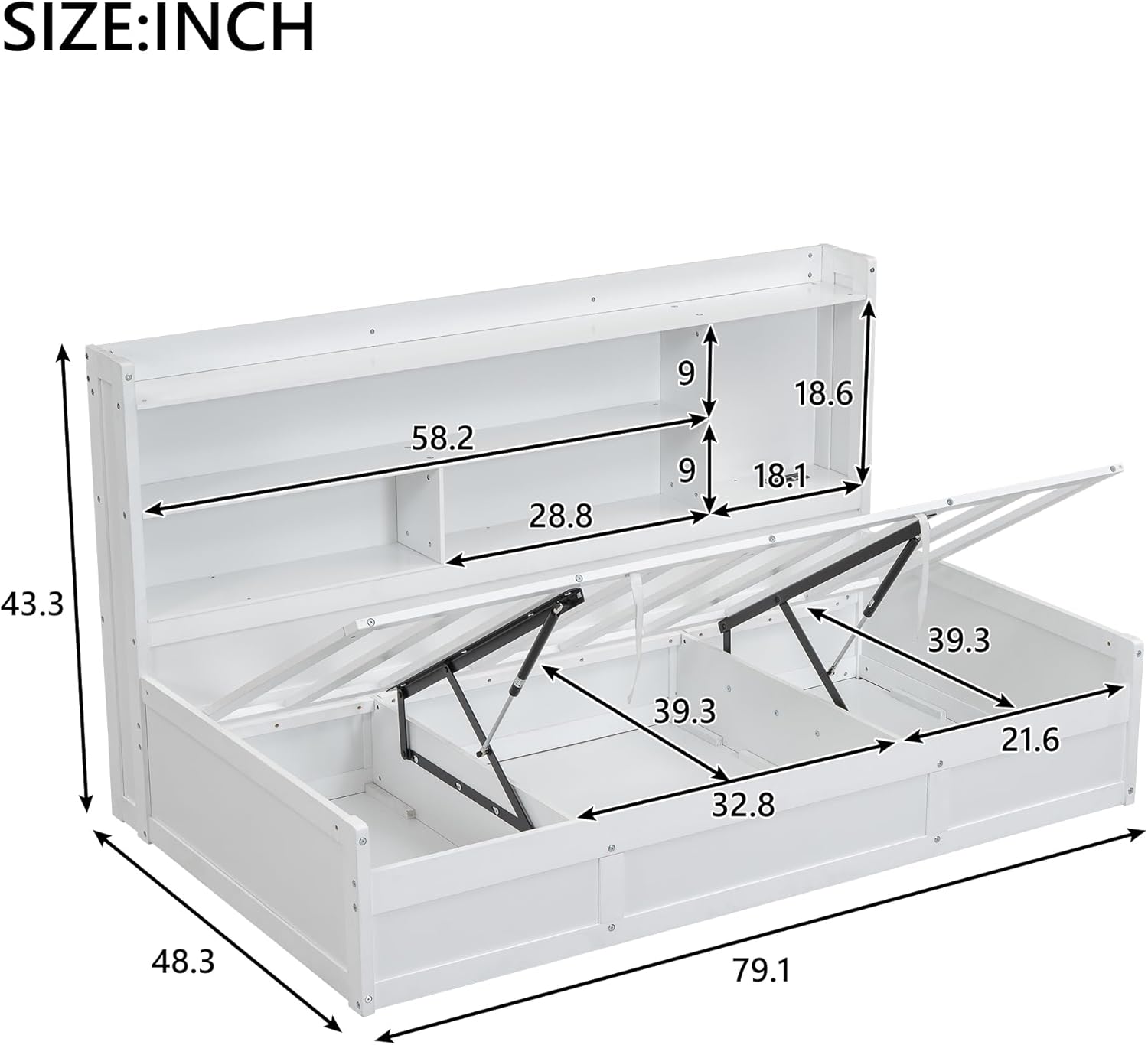 Twin Size Daybed with Storage Bookcases, Underneath Storage and USB Charging Station, Multi-Functional Hydraulic Storage Day Bed Sofa Bed for Living Room, Bedroom, Guestroom, White