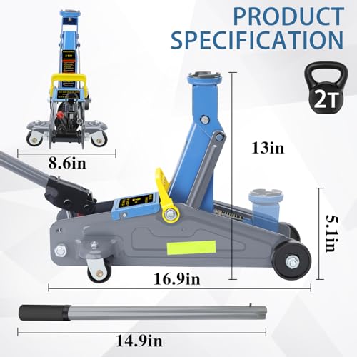2T Floor Jack with Quick Lifting Range of 5.11-13 inches, Portable Hydraulic Floor Jack with Reflective Strip Suitable for Night Use, 6600 pounds Car Jack Suitable for Various Vehicle Models
