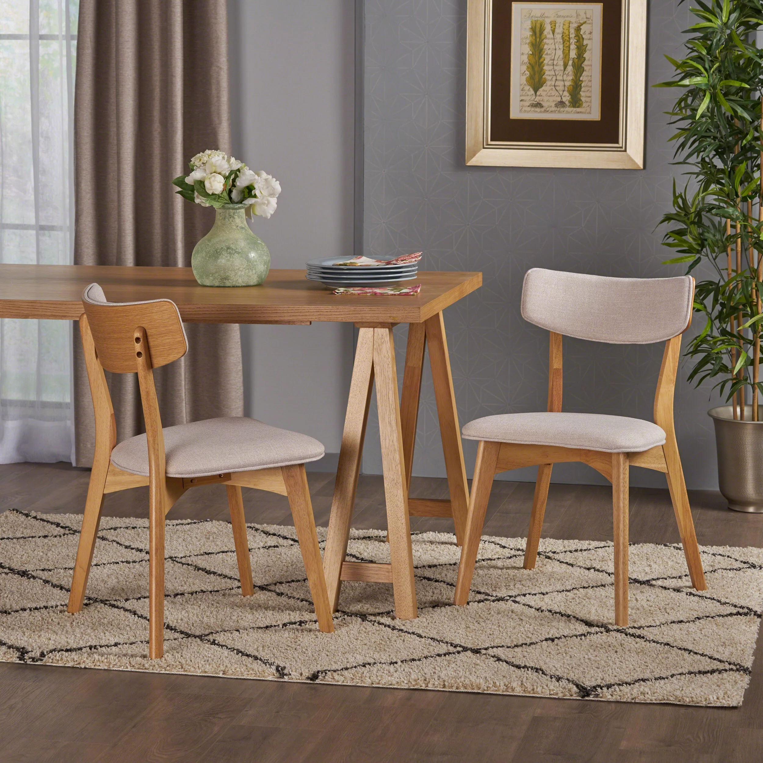 Abrielle Mid Century Modern Dining Chairs with Rubberwood Frame, Set of 2, Light Beige and Natural Oak