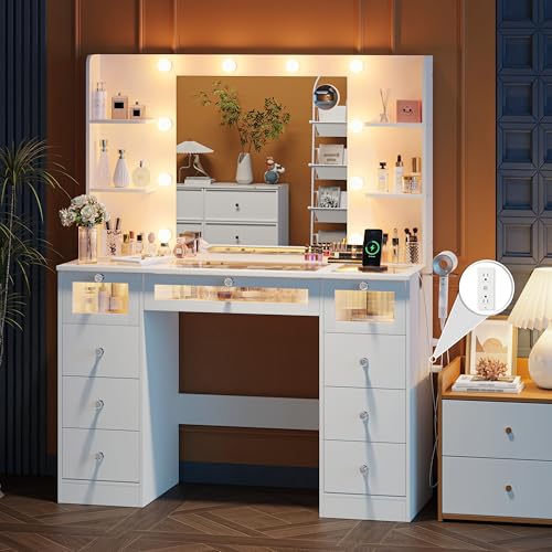 Vanity Desk with Mirror and Lights, Glass Top Vanity with 9 Drawers Including 3 LED Drawers, 4 Shelves & Power Outlet, Makeup Desk with Mirror for Girls Kids, Dressing Table for Bedroom, White