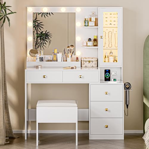 Vanity Desk with Mirror and Lights, White Makeup Vanity with 5 Drawers Hidden Jewelry Organizer& LED Glass Cabinet,3 Light Mode and Brightness Adjusted,Vanities Mirror with Lights Desk and Chair