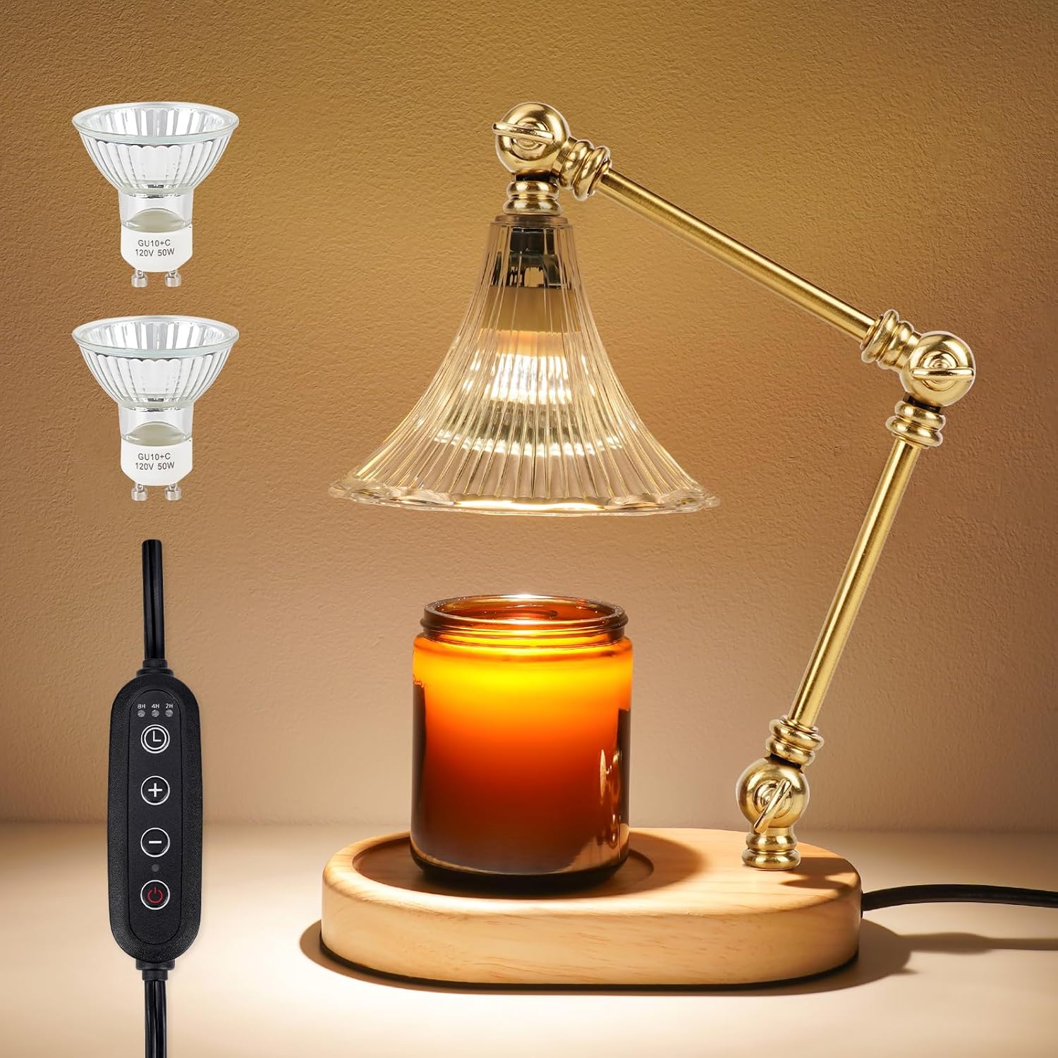 Candle Warmer Lamp with Timer, Flower Candle Warmer Lamp Adjustable Height, Dimmable Electric Candle Lamp Warmer with 2 Bulbs, No Flame Wax Melt for All Size Jar Candles, Present for Women, Home Decor
