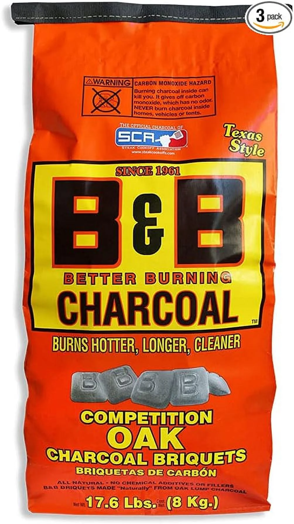 B&B Charcoal Slow Burning Oak Charcoal Briquettes with All Natural Smoky Flavoring for Grills, Barbecues, and Pitmaster Competitions, 17.6 Pounds - SET OF 3