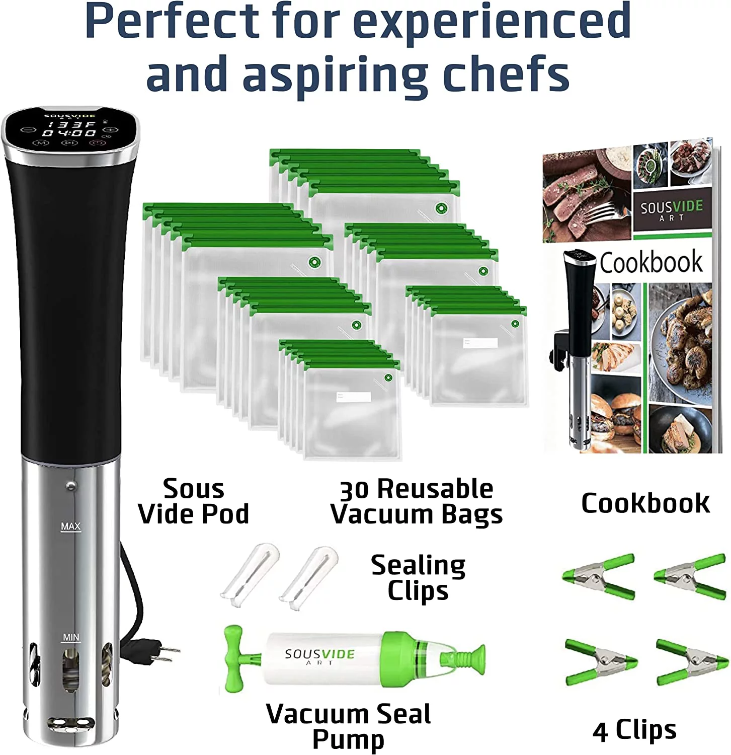 Sous Vide Cooker Kit ALL-IN-ONE - Sous Vide Machine 800W, 120V with Accurate Temperature Digital Timer, 30 Sous Vide Bags, Sous Vide Clips, Vacuum Pump, Cookbook with Recipes
