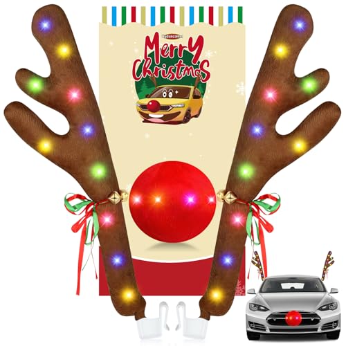 Car Reindeer Antlers & Nose Light Up with Lights, Reindeer Christmas Decoration Window Roof-Top & Front Grille with Jingle Bells, Reindeer Car Kit for SUV Van Truck