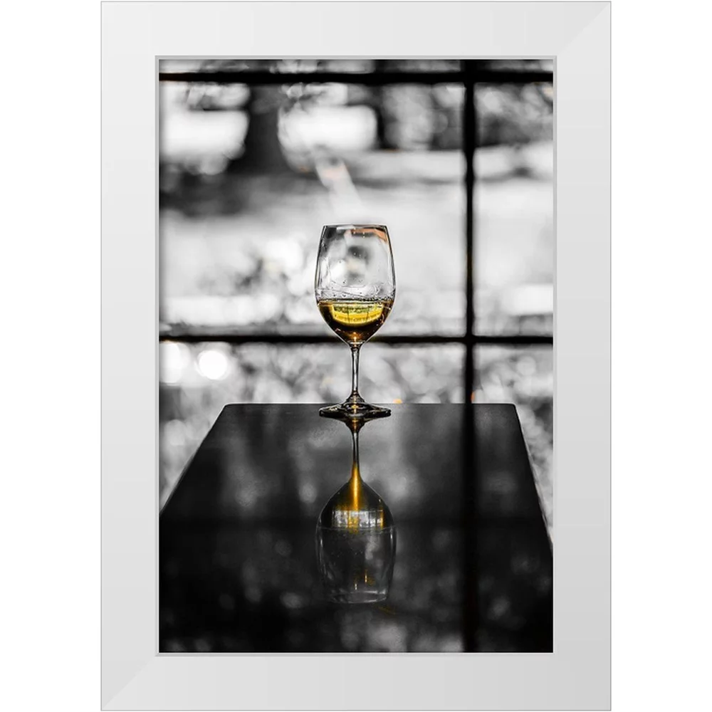 Duval, Richard 13x18 White Modern Wood Framed Museum Art Print Titled - Washington State-Woodinville A glass of white wine reflects a spring day in a Woodinville winery