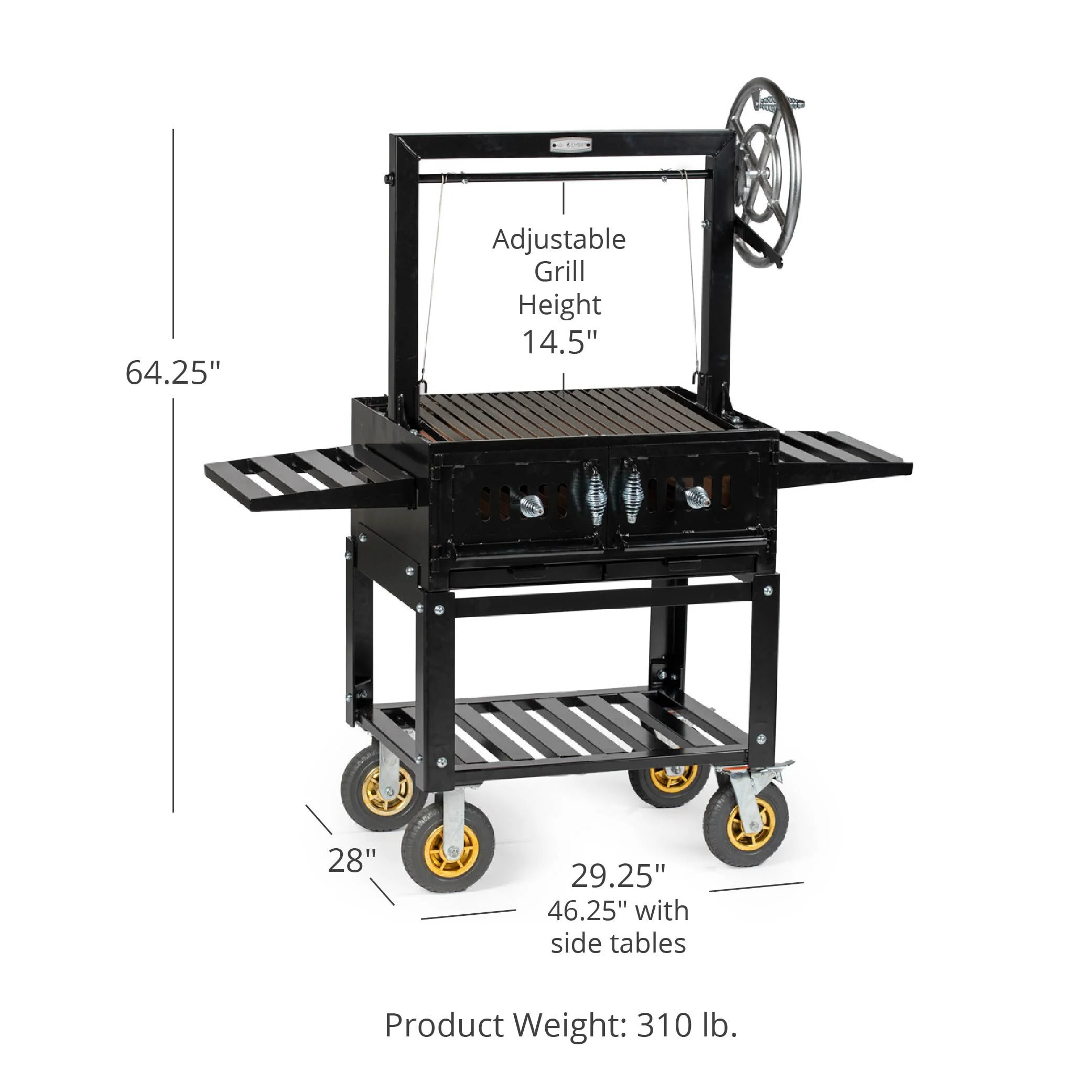 Ash & Ember Santa Maria Grill, Steel Wood & Charcoal Argentine Grill, Flywheel for Adjustable Grate Height, BBQ Grill with Ceramic Brick Lining, V-Grates & Grease Trap, Bottom & Side Shelves