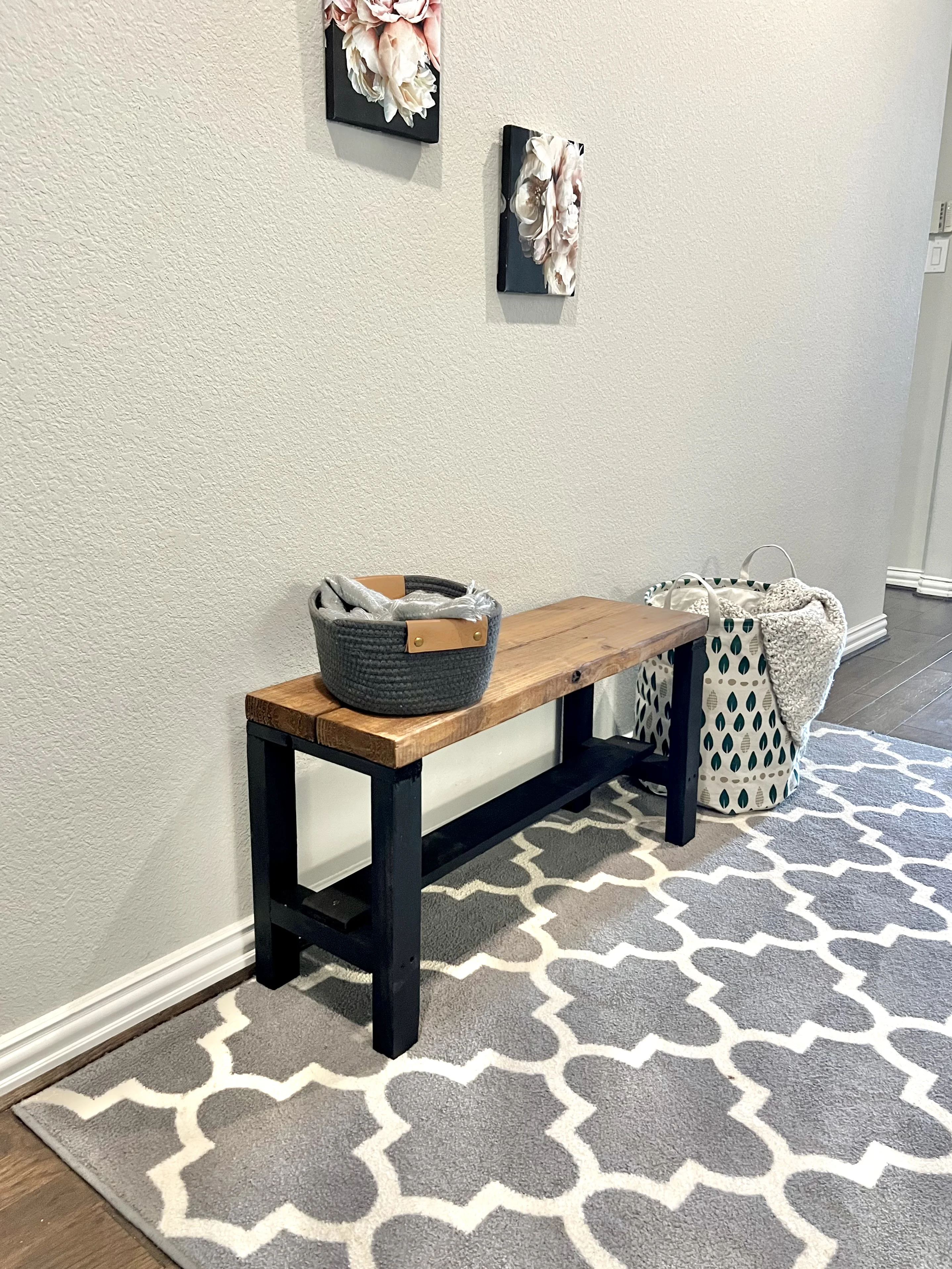 Rustic Bella Two Tone Real Solid Pine Wood Farmhouse Entryway Accent Bench, Black and Light Brown