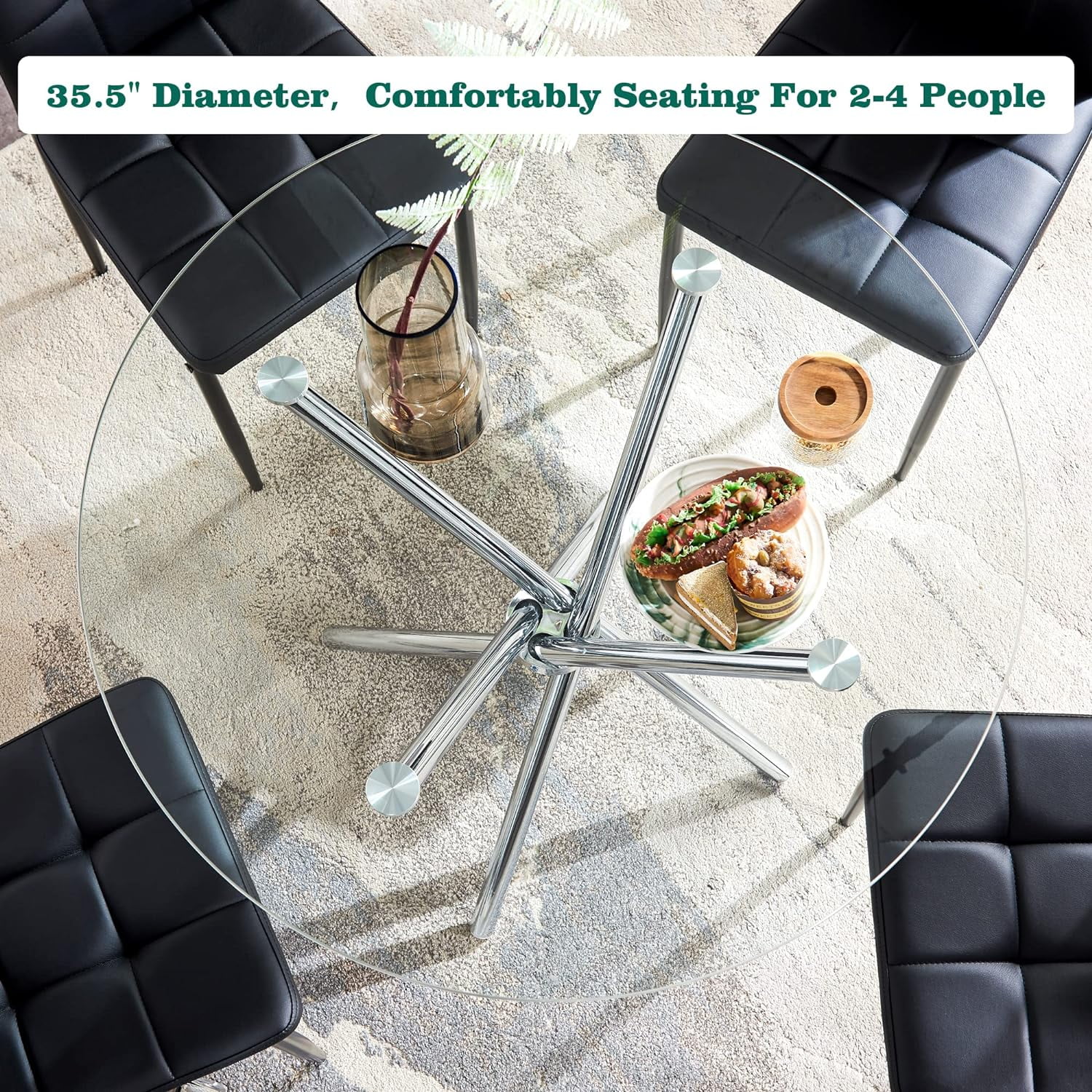 TJUNBOLIFE Round Glass Dining Table - Modern Round Dining Table with Tempered Glass Top  Silver Chrome Plated Metal Legs - Dining Room Table for 4 Kitchen Table Coffee Table for Living Ro