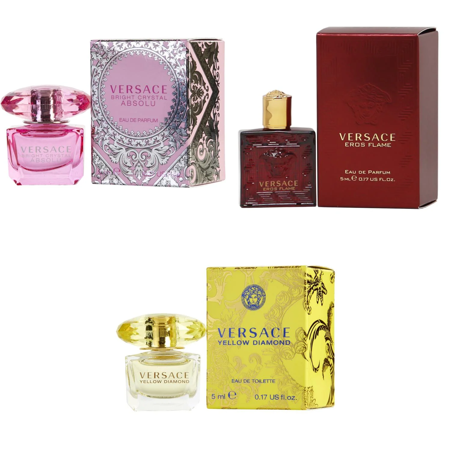 Versace Bright Crystal Absolu EDP, Eros Flame EDP, Yellow Diamond  EDT - 5ml 3PK Kit