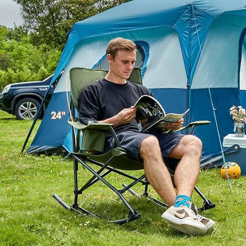 PORTAL Folding Camping Rocking Chair Portable Outdoor Rocker High Back Cup Holder Side Pocket Carry Bag Included, Support 300 lbs