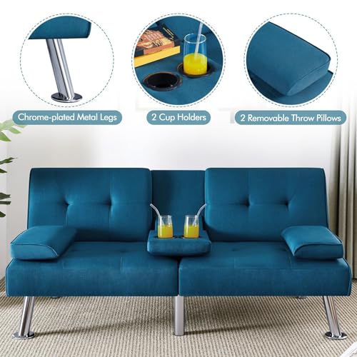 Yaheetech Convertible Sofa Bed Adjustable Fabric Couch Sleeper Modern Recliner Reversible Loveseat Folding Daybed Guest Bed, Removable Armrests, Cup Holders, 3 Angles, 772lb Capacity, Dark Gray