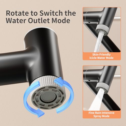 SINGSUO 1080°Rotatable Bathroom Vanity Faucet 1 Hole, Height Adjustable Single Handle Sink Faucet Bathroom with 2 Water Outlet Modes, Bar Sink Tap Single Hole with Temperature Display (Black)