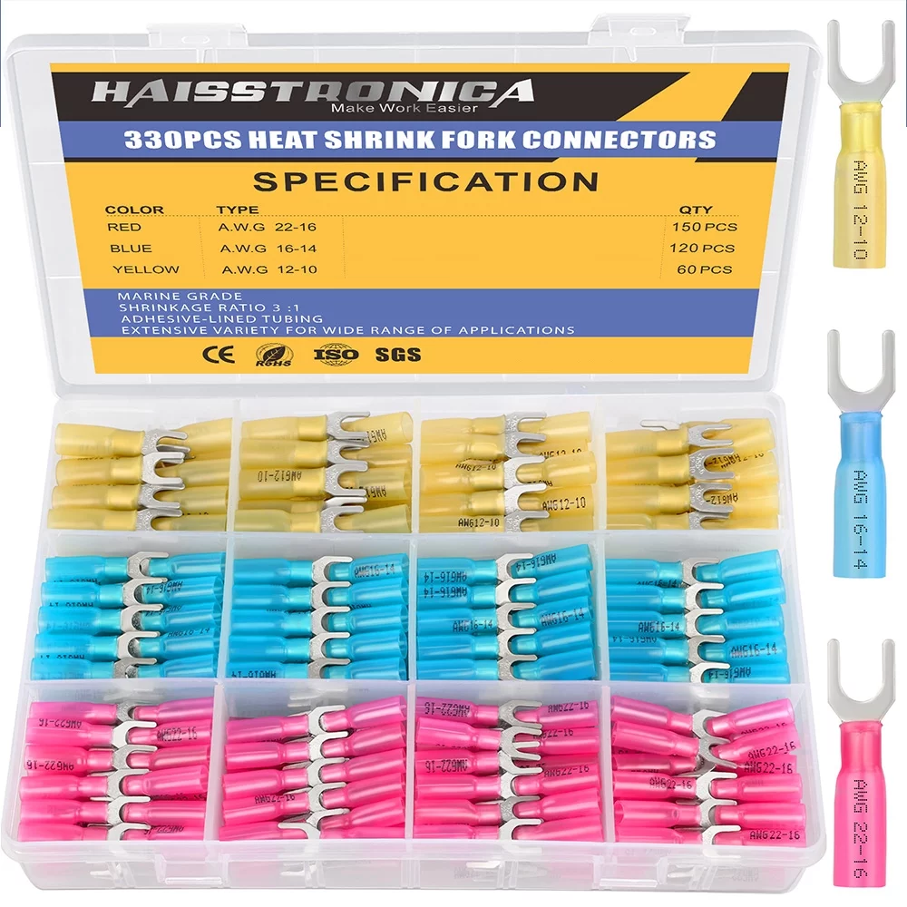 haisstronica 330PCS #10 Marine Grade Heat Shrink Fork Connectors,22-10 Gauge Tinned Copper Crimp Connectors Fork Terminals