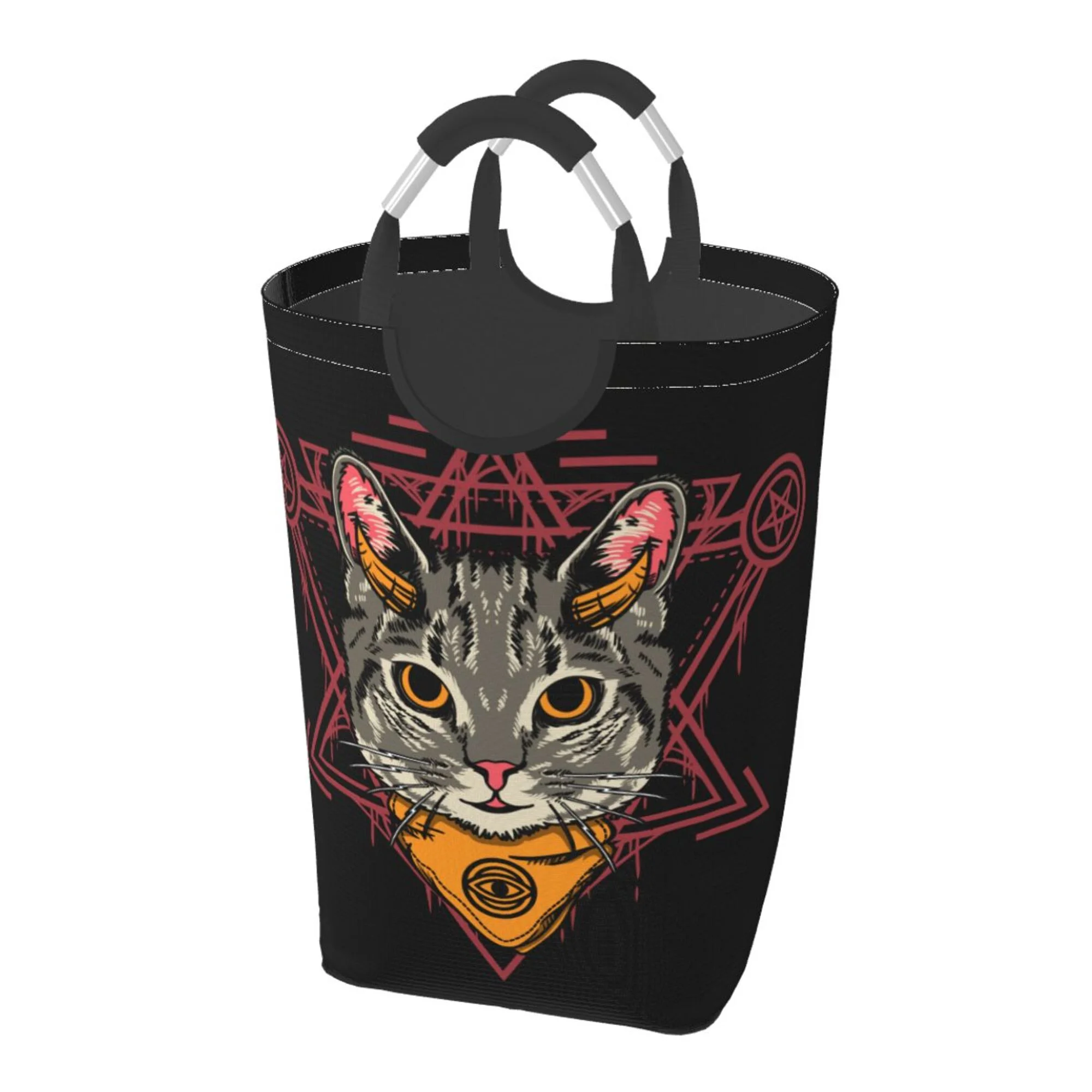 DouZhe 50L Rectangular Laundry Basket, Gothic Cartoon Devil Cat Prints Waterproof Foldable Laundry Hamper with Aluminum Handles