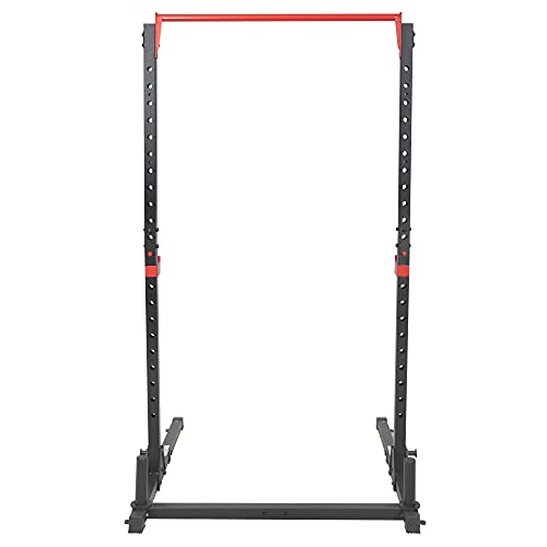 Sunny Health & Fitness Power Cage and Squat Rack In High Weight Capacity with J-Hooks, Adjustable Pull Up Bar, Weight Plate Holders, Resistance Band Posts