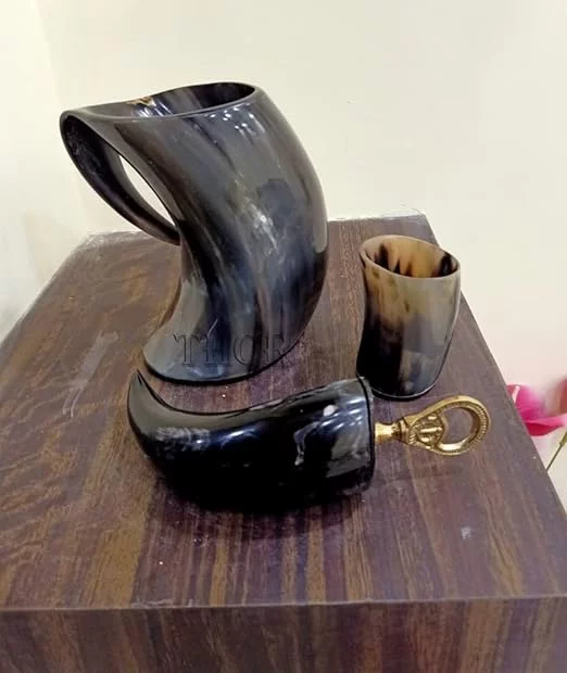 Handmade Drinking Horn Mug Tankard | Drink Like Viking | Bottle Opener | Horn Shot Glass (3 Piece Set) Rustic Vintage Home Decor Gifts