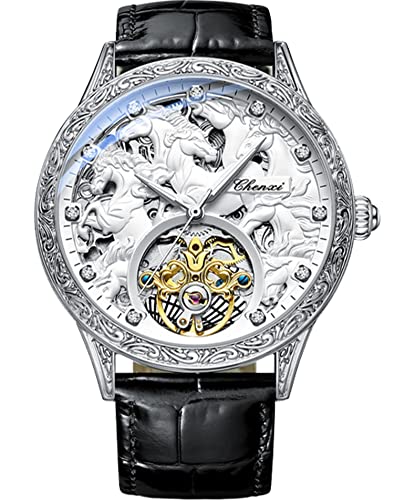 FORSINING Men's Gold Luxury Tourbillon Watch Tiger Carved Moon Phase Self-Winding Mechanical Automatic Watches Retro Tattoo Skeleton Large Dial Leather Belt Wristwatch