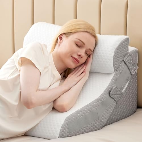 Bed Wedge Pillow for Sleeping, 9 & 12 Inch Adjustable Wedge Pillow for Back Pain Relief, 7-in-1 Memory Foam Triangle Pillow Wedge for Post Surgery, Acid Reflux, GERD, Snoring, White/Grey