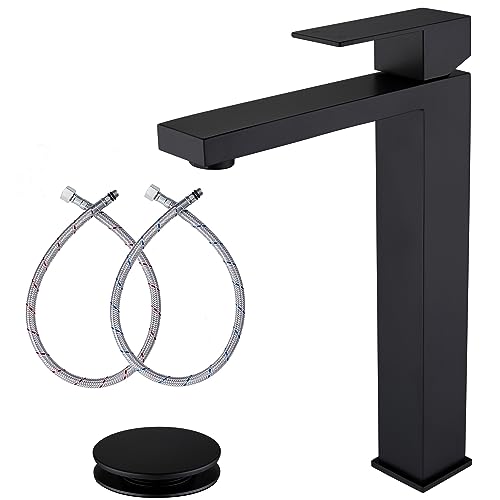 Brushed Gold Vessel Sink Faucet - Tall Single Hole Bathroom Faucet with Pop Up Drain, AML-11411-BG