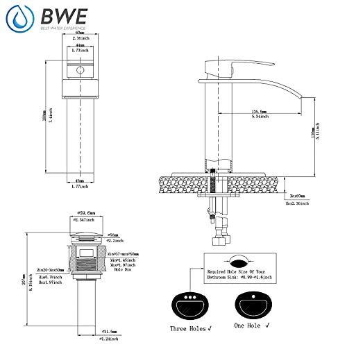 BWE Vessel Sink Faucet Modern Waterfall Chrome Single Hole Bathroom Faucet Single Handle with Pop up Drain Without Overflow Assembly Vanity Basin Bath Sink Faucets Mixer Tap