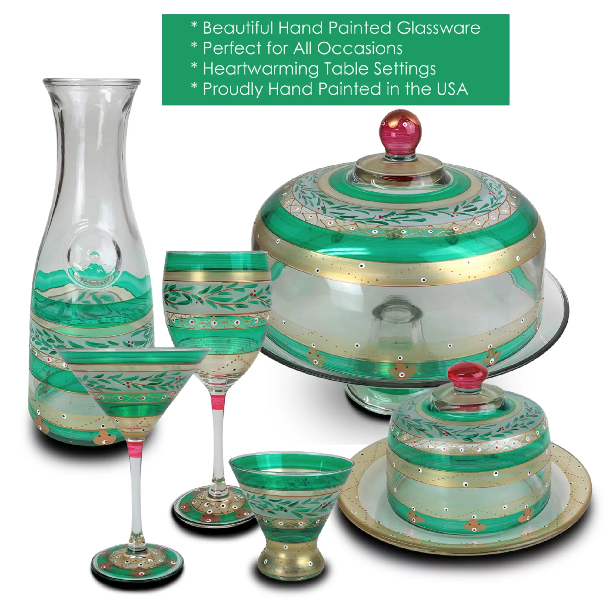 Crafted Creations Set of 2 Green Mosaic Christmas Garland Hand Painted Margarita Drinking Glasses 7