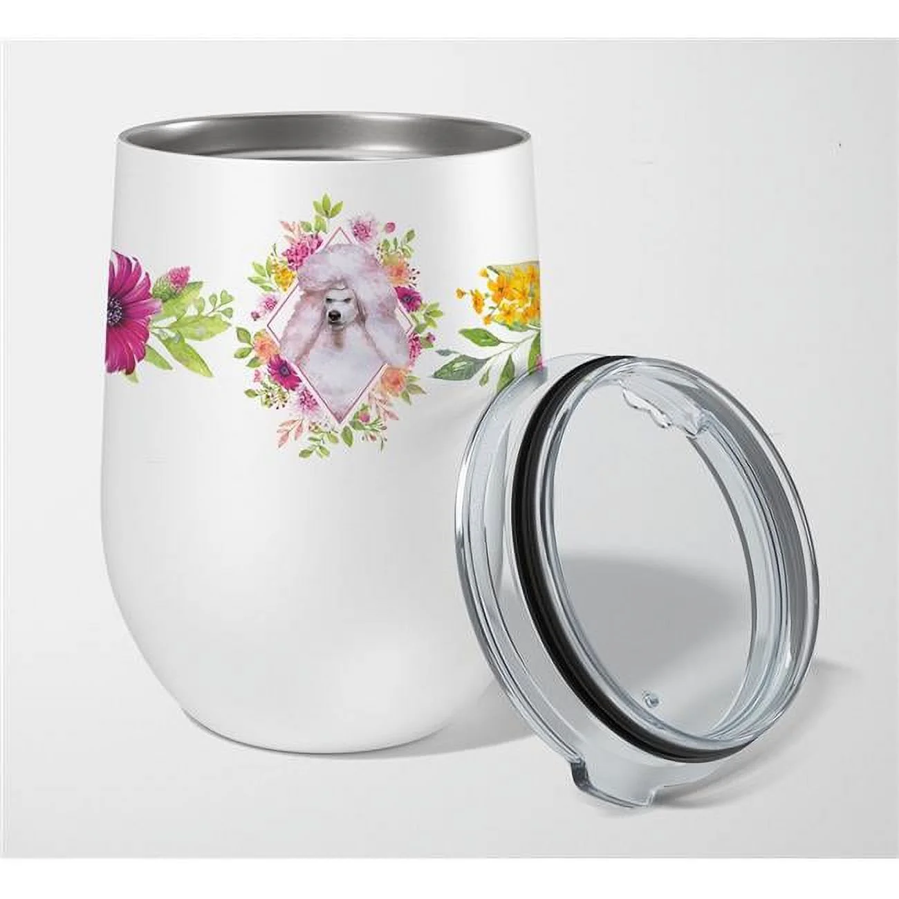 12 oz Standard White Poodle Pink Flowers Stainless Steel Stemless Wine Glass