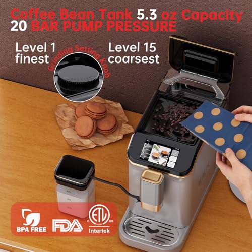 Espresso Machine with 15 Grind Settings | Fully Automatic, 20 Bar Pressure & Milk Frother - Touch Display, 1.5L Tank, Steel Gold