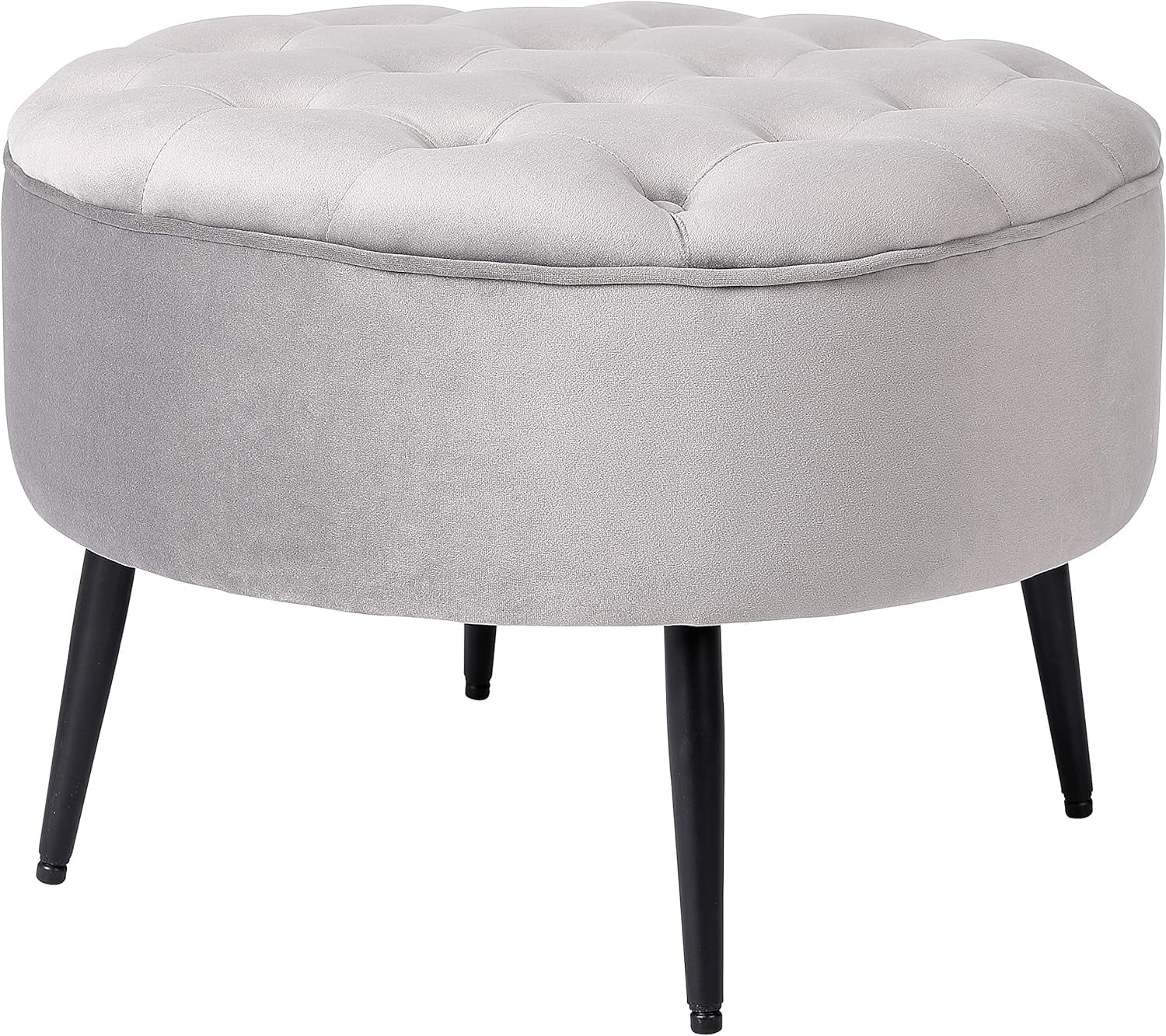 Tufted Round Grey Ottoman – Velvet Foot Stool – Century Modern Steel Legs - Soft Compact Padded Stool - Living Room Or Bedroom – Vanity Chair - Decorative Furniture