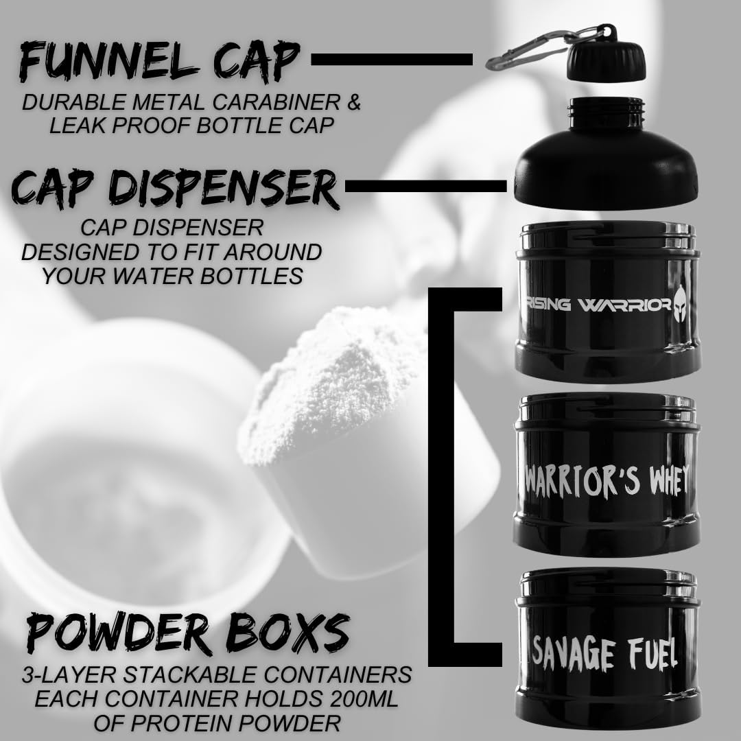Portable Protein Powder Stackable Container with Top Cap Funnel for Water Bottle | Supplement Organizer and Dispenser | Perfect for Pre-Workout, BCAAs, and Protein Powder | Keychain To-Go