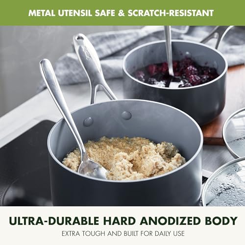 GreenPan Valencia Pro Hard Anodized Healthy Ceramic Nonstick 2QT and 3QT Saucepan Pot Set with Lids, PFAS-Free, Induction, Dishwasher Safe, Oven Safe, Gray