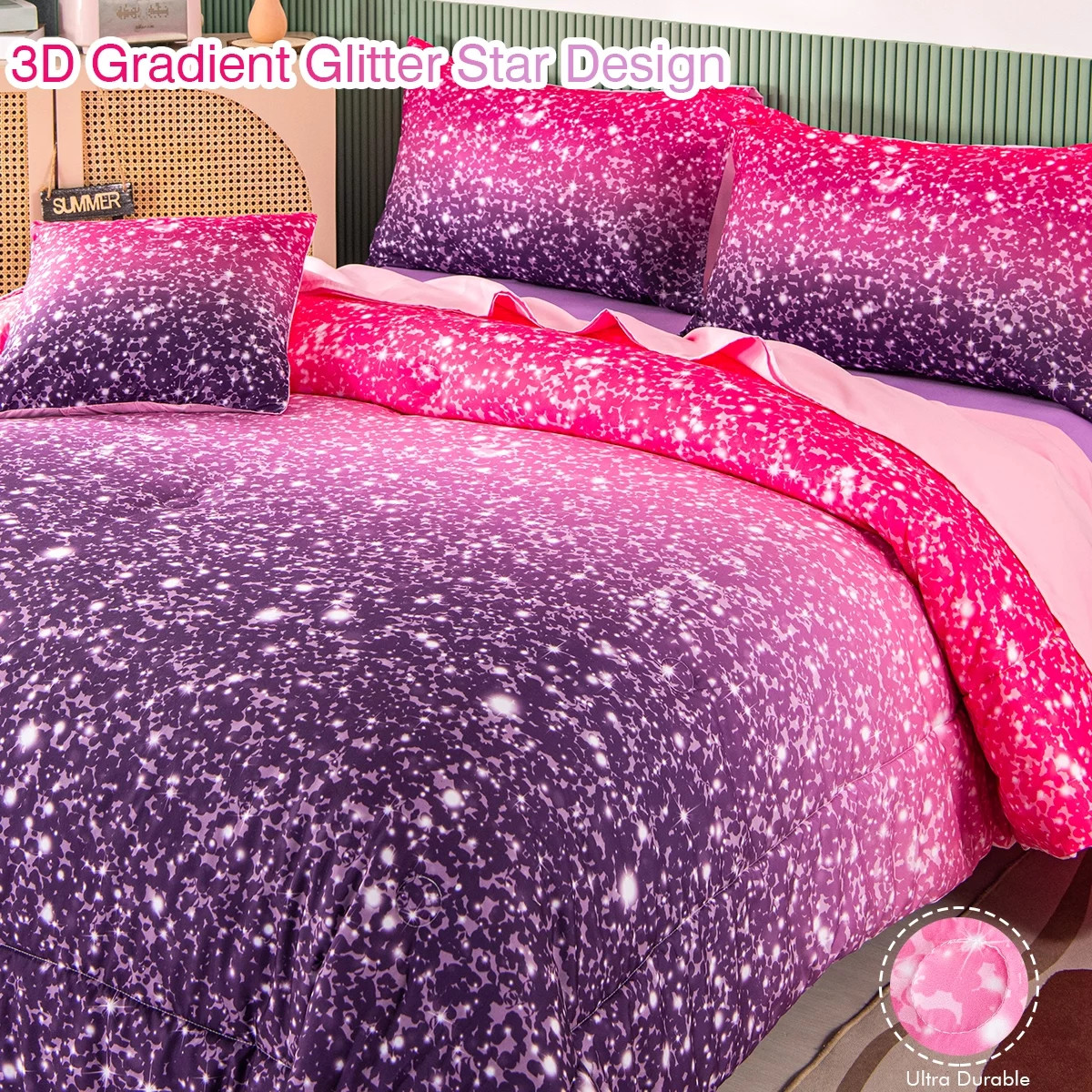PERFEMET 6Pcs Twin Gradient Pink Purple Glitter Comforter Sets for Teens Girls Kids, Colorful Rainbow Glitter Themed Bedding Set