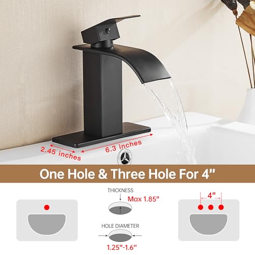 Fransiton Tall Vessel Sink Faucet Matte Black Faucet for Bathroom Sink Tall Waterfall Bathroom Faucet Single Handle 1 or 3 Hole Wash with Pop-up Drain