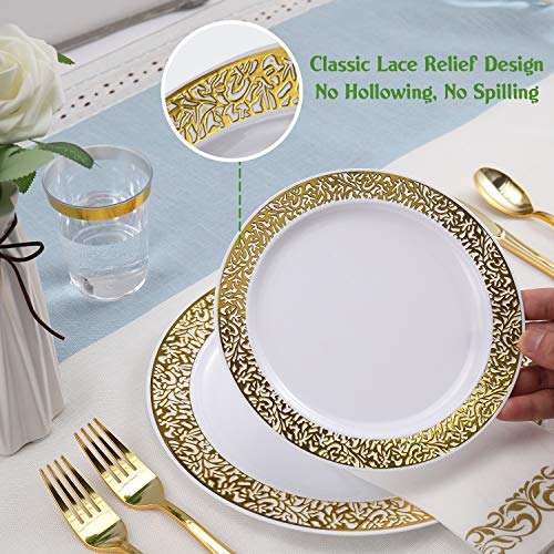 FOCUSLINE 350 Ct Gold Dinnerware Set for 50 Guests, Gold Lace Plastic Plates Disposable Heavy Duty, Including 50 Dinner & Dessert Plates, Cups, Napkins, Cutlery Set
