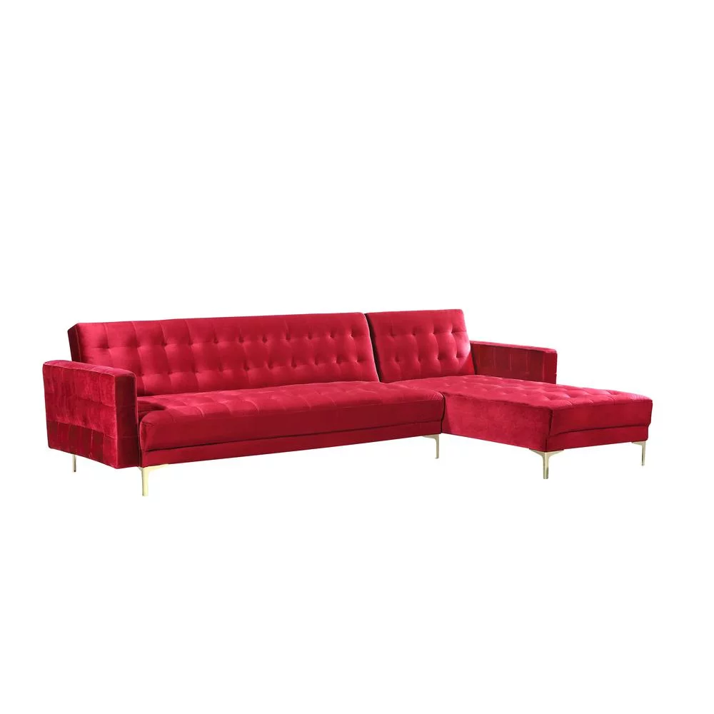 Chic Home Amandal Right Facing Convertible Sectional Sofa Sleeper Bed L Shape Chaise Tufted Velvet Upholstered Gold Tone Metal Y-Leg, Modern Contemporary, Red