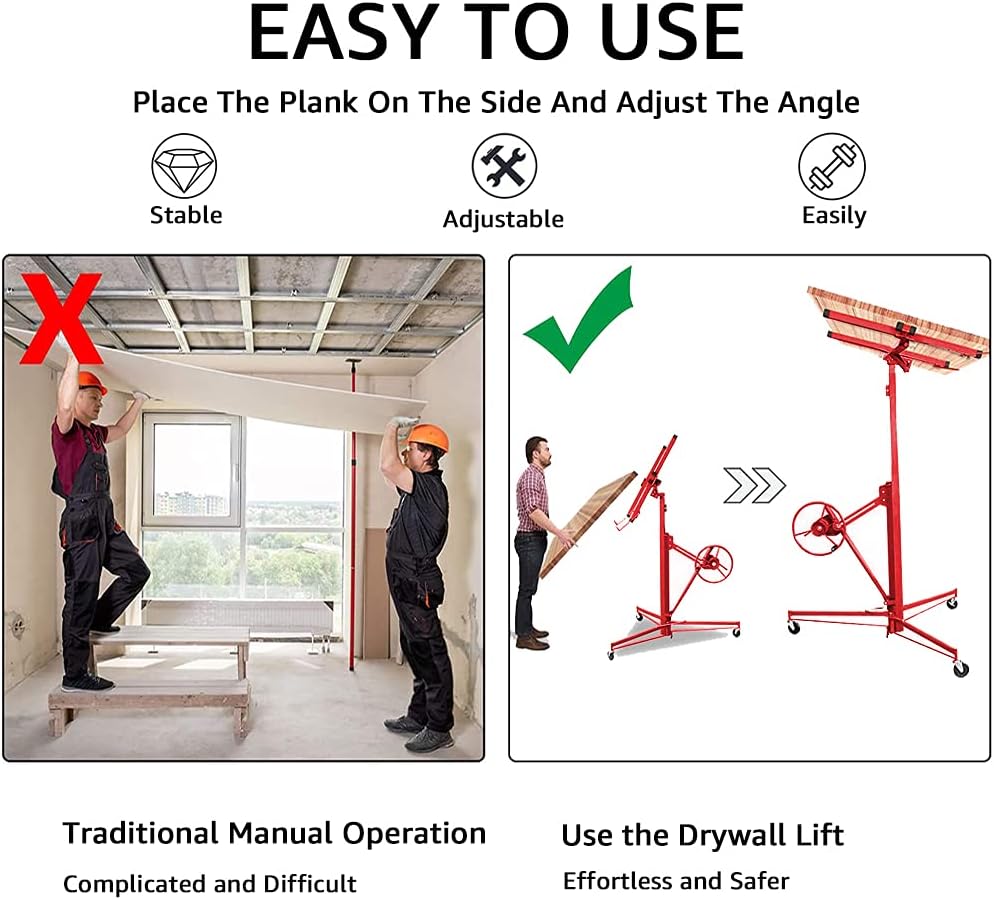 Drywall Lift,Drywall Panel Hoist Lift 11FT Sheetrock Lift Drywall Lift Professional Jack Lifter Heavy Duty Sheetrock Hoist Holder Upgrade Adjustable Telescopic Arm and Caster Wheel Lockable