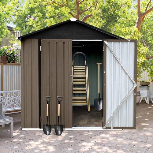 8x6 FT Outdoor Storage Shed, Metal Tool Shed with Lockable Doors, Peaked Roof & Frame Floor, Garden Shed with Vented Design for Backyard Garden Patio Lawn, Brown + Black