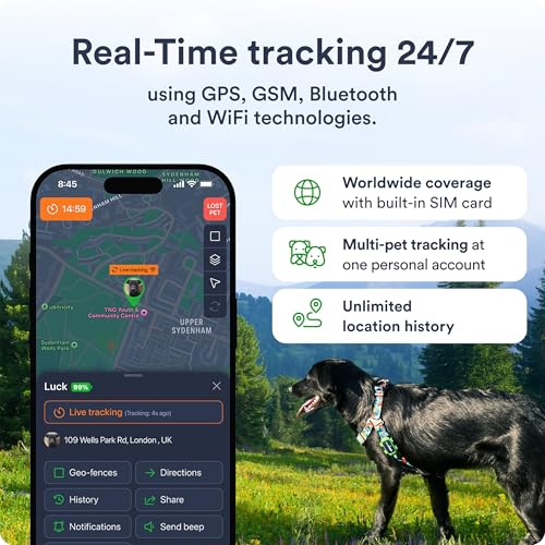 Dog GPS Tracker With Smart Alerts & Geo-Fence - Real-Time Location Tracking Collar Device with App, Embedded SIM, Waterproof - Up to 7 Days Battery (Android & iOS) 4-Month Subscription Included